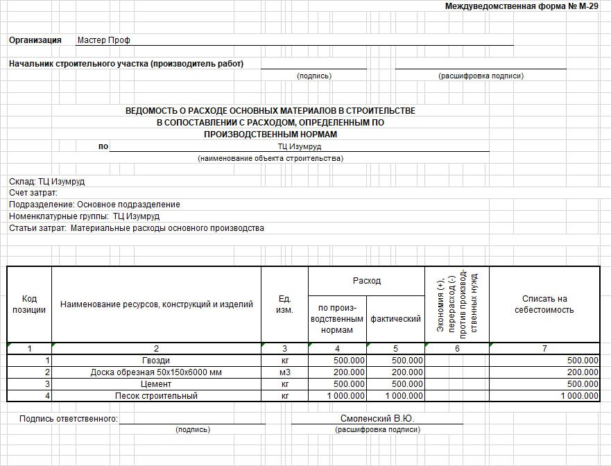 М 29 форма образец заполнения в экселе